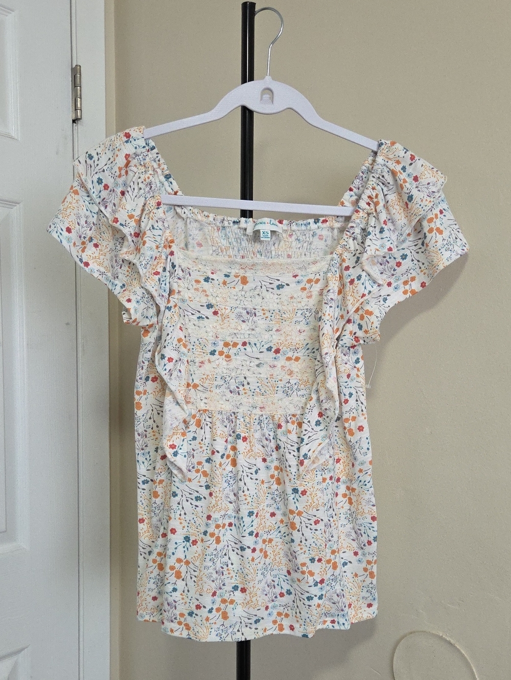 Grace & Lace Cream Floral Ruffle Smocked Square-Neck Top